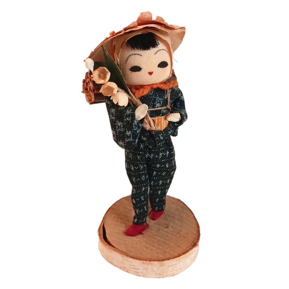Girl Wearing Hat Holding Flowers Bean Doll Kokeshi Kasuri Figurine Toy 4.5 inchs